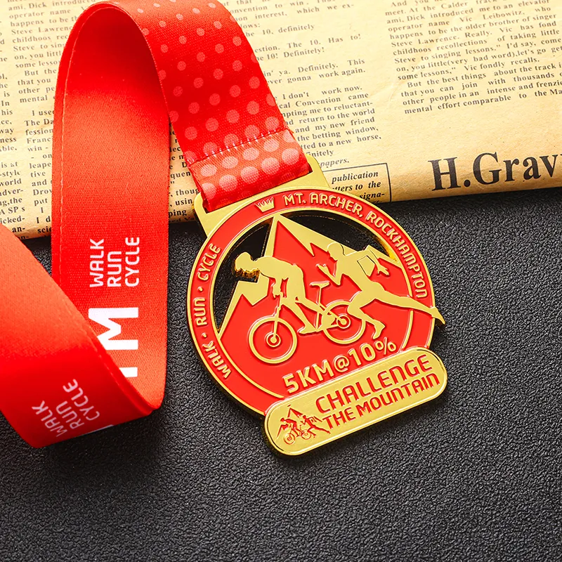 1163-4-Imitation Gold Red Paint Bicycle Running Medal